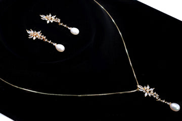 Swarovski Crystal Leaves And Faux Pearl Necklace Set, Long Bridal Earrings And Necklace, Statement Earrings Cz
